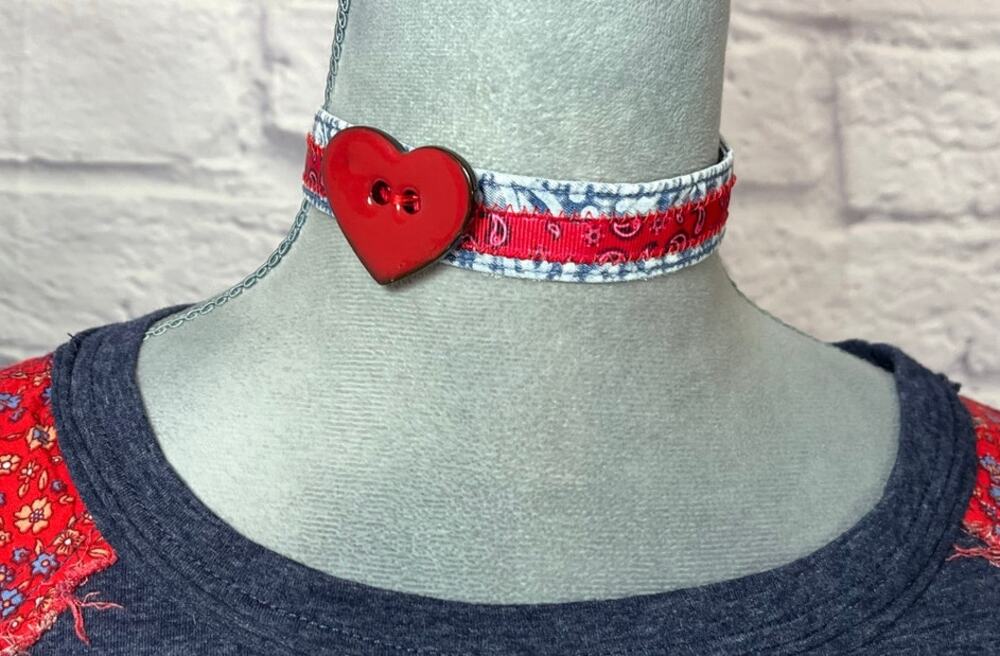 Handmade Chambray and Paisley Ribbon Choker with Red Heart Pendant